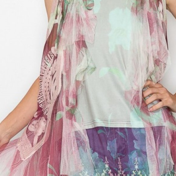 new ORIGAMI TULLE BOHO VEST WRAP wine SM-4X stunning shabby chic western floral - Picture 4 of 5
